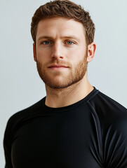 Fototapeta premium Portrait of a fit, confident man in a black sports shirt, exuding strength and determination. Perfect for fitness, health, and active lifestyle concepts. Clean background for versatile use