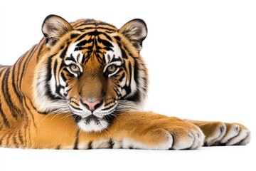 Fototapeta premium Majestic tiger resting, intense gaze.