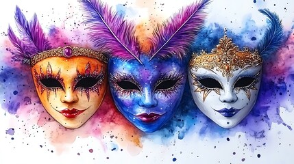 Vibrant venetian masks with colorful feathers