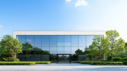 Modern office building exterior with sleek glass facade surrounded by trees and bushes in urban environment
