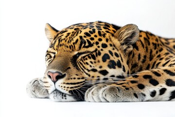 Obraz premium A jaguar rests peacefully, its spotted coat a striking contrast against the white background.