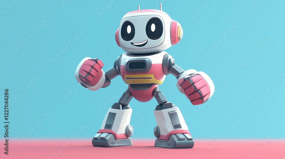 Poster cartoon groovy robot character standing confidently with fists clenched and playful smile. isolated 