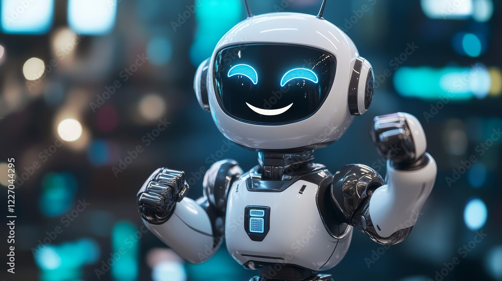 Poster cartoon groovy robot character standing confidently with fists clenched and playful smile. isolated 