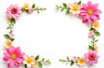 Pink spring flowers are arranged in a frame shape, with space for text in the center.
