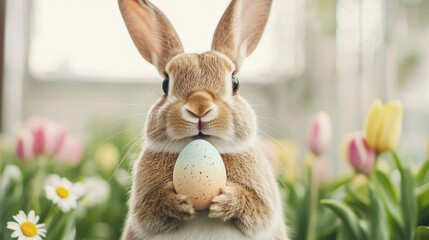 Fototapeta premium Easter bunny day concept. Playful Easter Bunny Sitting Amidst Tulips in a Lush Garden