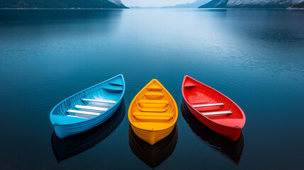 Colorful rowboats drifting on calm lake waters surrounded by serene mountains during daylight