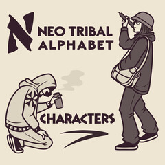 Graffiti urban sticker set, calligraphy print spray vector neo tribal alphabet street art character. Underground dark grunge culture tattoo, typeface, balaclava, font. Graffiti urban textile design