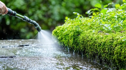 Cleaning mossy stone surface with water jet, outdoors, lush greenery background, garden maintenance