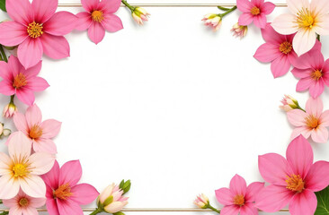 Pink spring flowers are arranged in a frame shape, with space for text in the center.