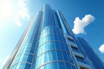 Fototapeta premium A tall glass skyscraper reflecting sunlight under a clear blue sky with fluffy clouds.