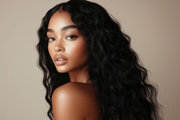 A stunning woman with long, wavy black hair posing against a neutral background.