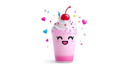 Adorable Kawaii Pink Milkshake with Whipped Cream and Cherry