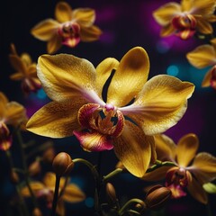 A golden orchid with a swirling neon background.