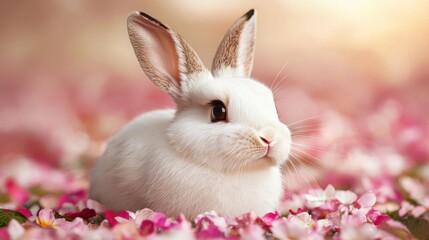 Easter bunny day concept. Whimsical White Rabbit Surrounded by Floating Floral Petals in Pastoral Garden Meadow