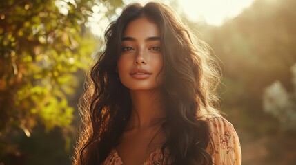 Naklejka premium A young woman with long, wavy hair smiling softly in a sunlit outdoor setting.