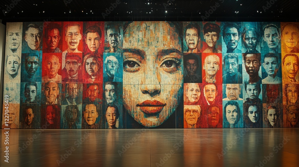 Poster a powerful mosaic of faces depicting diversity and unity through artistic expression in an indoor en