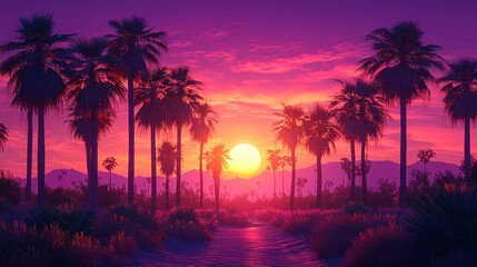 Serene Sunset Over Palm Trees and Purple Flowers