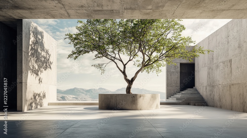 Poster minimalist architectural space featuring central tree and clean lines outdoor environment contempora