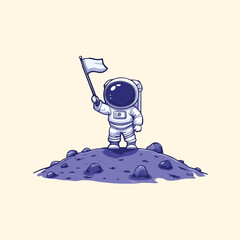 Astronaut sitting on planet and holding a flag cartoon Vector Illustration