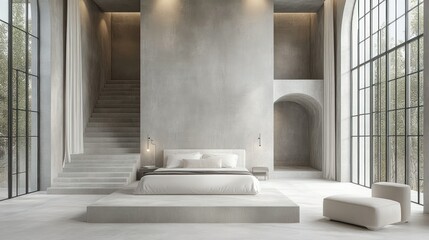 Modern minimalist bedroom, high ceilings, arched windows, staircase, interior design