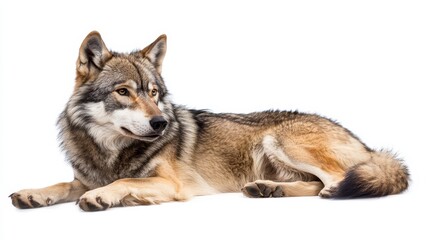 Majestic wolf resting, serene gaze.