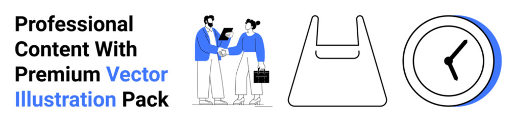 Professionals shaking hands, minimalist shopping bag outline, and clock icon symbolizing teamwork, e-commerce, time management, online retail, strategic collaboration, business goals, flat landing