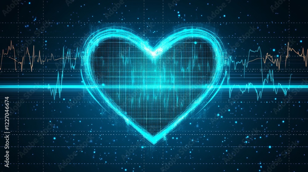 Poster glowing heartbeat line on digital graph with particles, medical and technology design element
