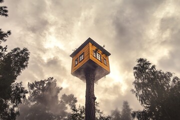 A whimsical yellow treehouse perched high on a tree trunk amidst a misty forest under a cloudy sky.