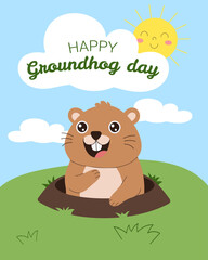 A cartoon of a groundhog with a smile on his face. The text reads Happy Groundhog Day