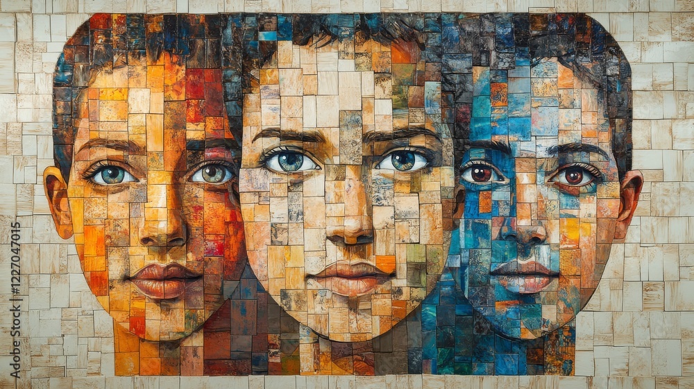Poster three diverse faces artistically rendered in mosaic tiles showcasing different color palettes and to