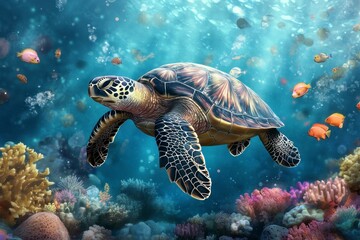 Obraz premium Serene Underwater Realm Sea Turtle and Vibrant Coral Reef