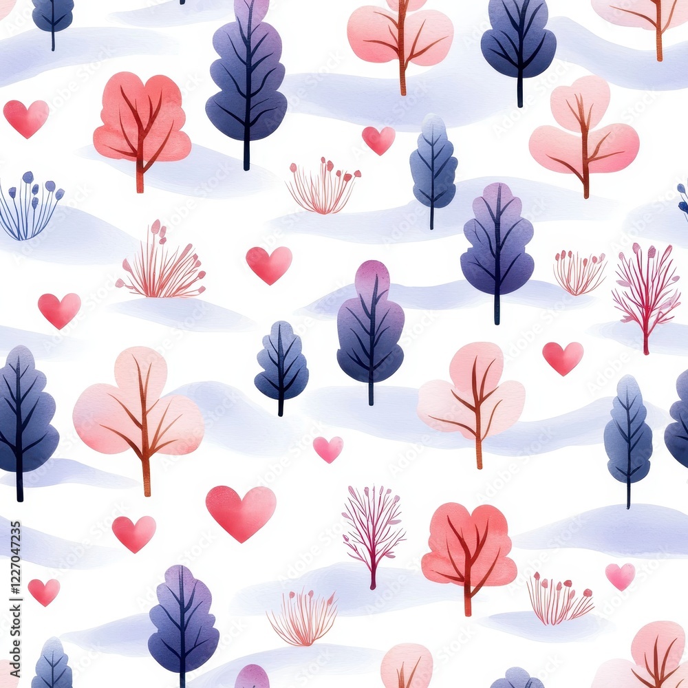 Poster a whimsical pattern featuring colorful trees and hearts on a light background, creating a playful an