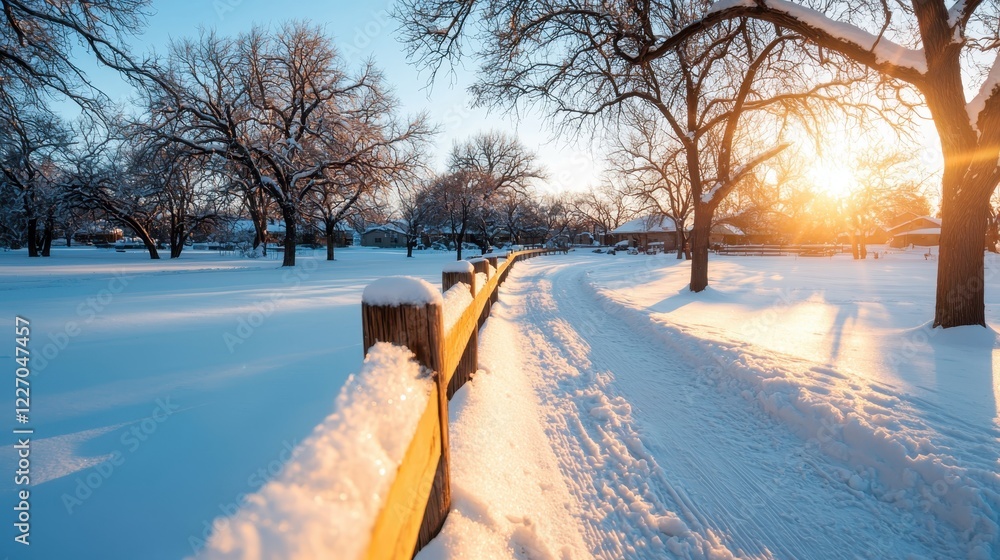 Poster a serene winter scene featuring a snowy path lined with trees and a wooden fence, illuminated by the