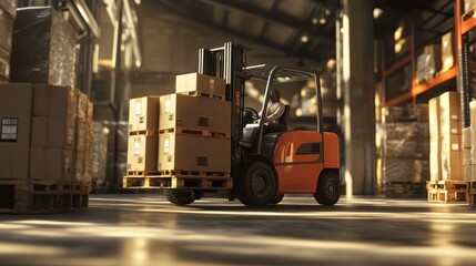 Warehouse worker operating forklift, moving boxes