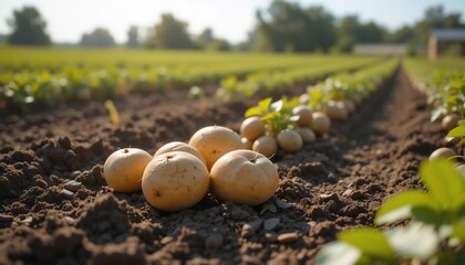 Fototapeta premium Freshly Harvested Potatoes in a Sunny Farm Field Organic Agriculture Rural Scene