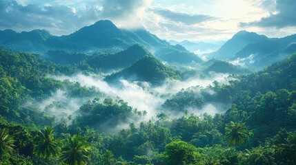 Obraz premium Misty Mountains Enveloping Lush Tropical Rainforest