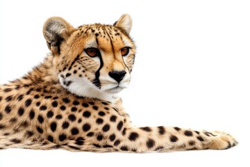 A cheetah rests on a white background.