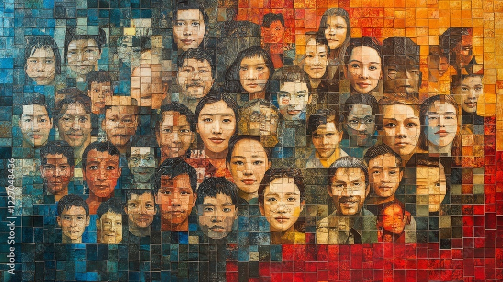 Poster diverse faces in mosaic style depicting a global community with textured, vibrant colors and unique 