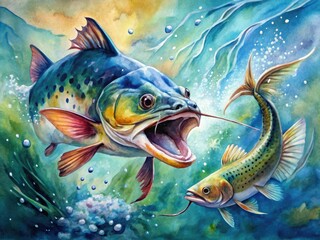 Fototapeta premium Fierce watercolor catfish devours smaller fish in a vibrant alcohol ink aquatic scene.
