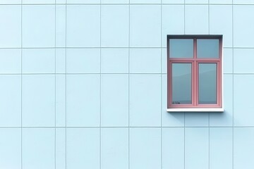 Light blue wall featuring a small window with a red frame.