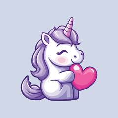 Cute unicorn holding a heart cartoon Vector Illustration