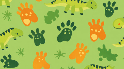 Dinosaur footprint seamless pattern background. Cartoon vector green ancient dino reptile animal paw prints impression on ground. Jurassic era archaeological and paleontology fossil of prehistoric era