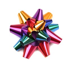  A colorful metallic bow with a white background, featuring multiple ribbons in different colors arranged in a cluster.