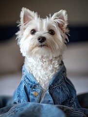 Adorable White Dog Wearing Denim Jacket