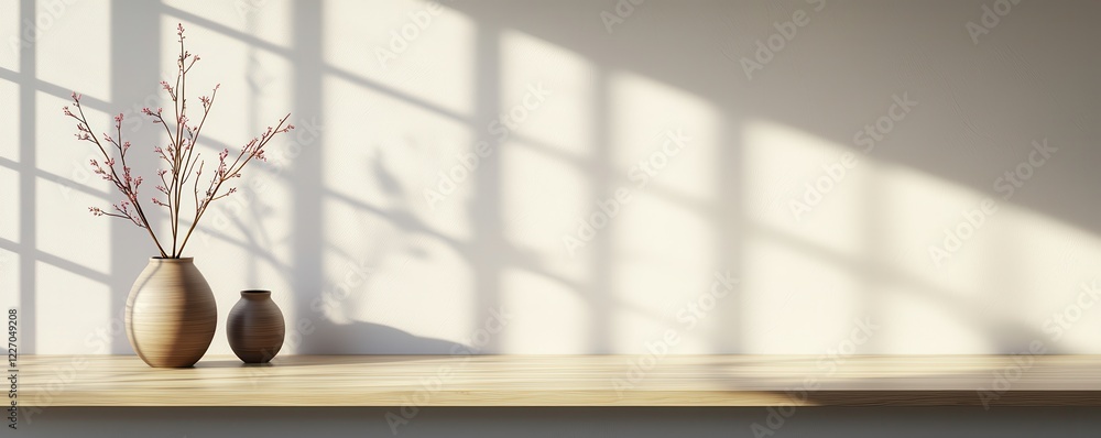 Poster sleek vases with branches on a sunlit shelf against a minimal backdrop.