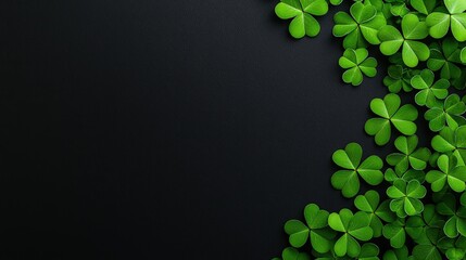 Bunch of green shamrock leaves on black background with vibrant green spring frame and clover accents