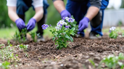 Gardeners planting pansies in a sunny garden bed