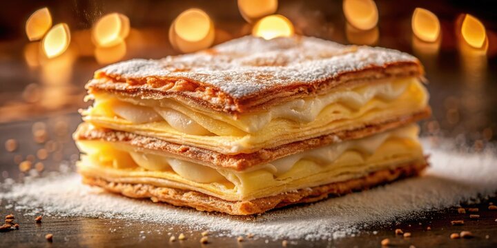 Golden layers of Spanish mille-feuille, a custard dream captured in long exposure photography.