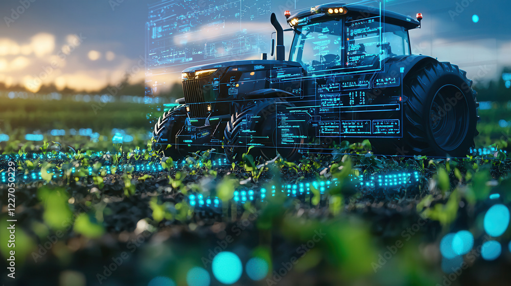 Poster futuristic tractor with streamlined design in high tech field setting