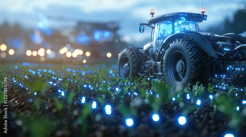 Poster futuristic tractor with streamlined design in illuminated field at dusk